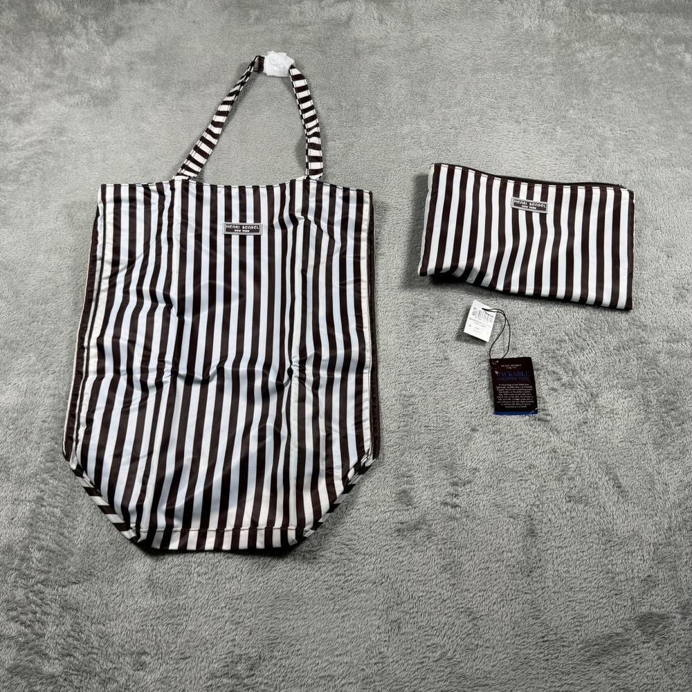 Henri Bendel Packable Shopper Tote 3 In 1 Tote Bag Reversible Striped Solid NWT